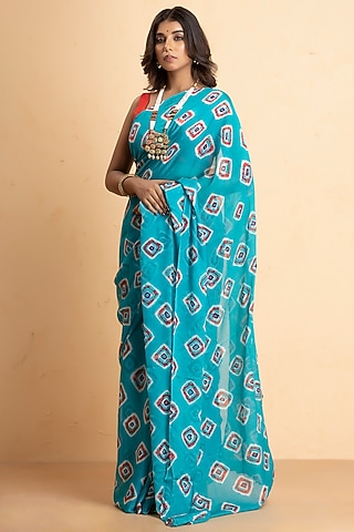 Deep Sky Blue Chinon Batik Bandhani Saree Set by Albis Jaipur