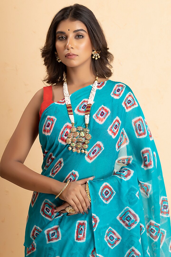 Deep Sky Blue Chinon Batik Bandhani Festive Saree Set by Albis Jaipur at Pernia's Pop Up Shop