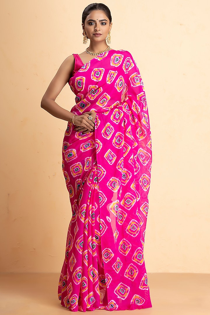 Pink Crepe Georgette Printed Bandhani Saree Set by Albis Jaipur