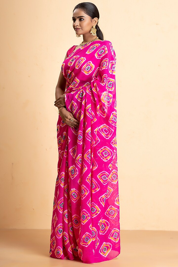 Pink Crepe Georgette Printed Bandhani Festive Saree Set by Albis Jaipur at Pernia's Pop Up Shop