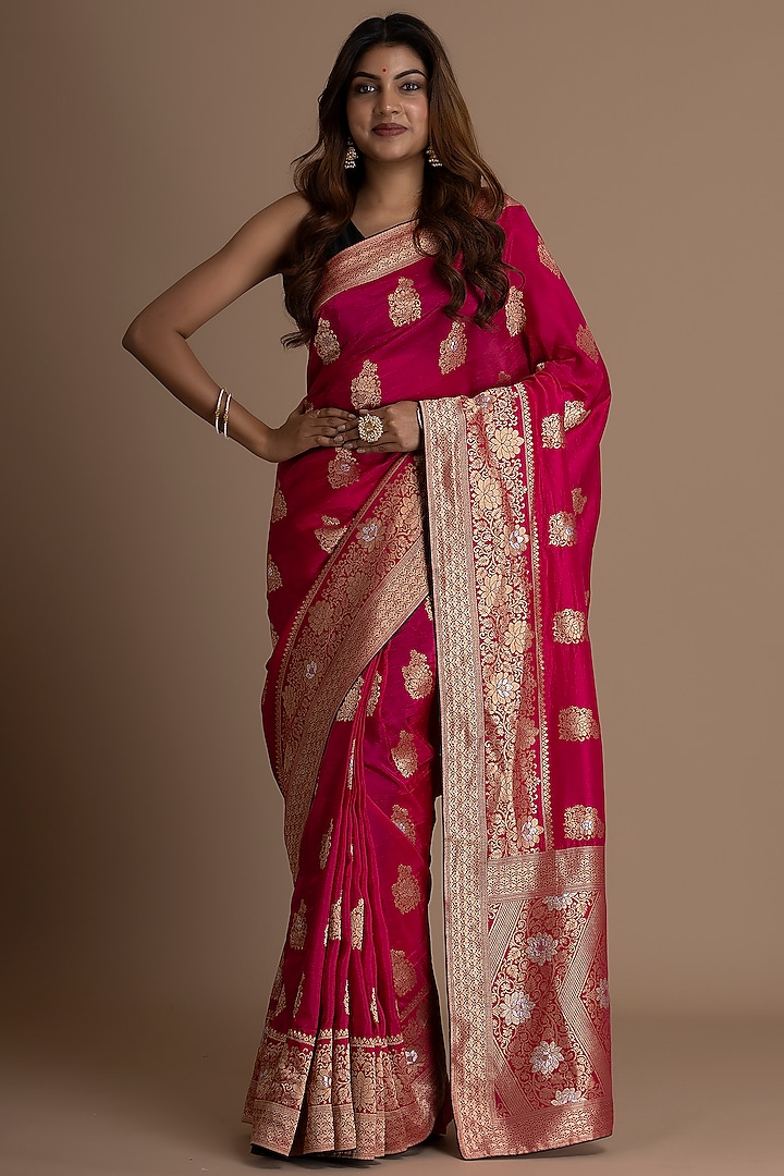 Magenta Pink Munga Silk Banarasi Woven Saree Set by Albis Jaipur