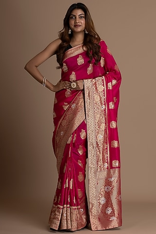 Magenta Pink Munga Silk Banarasi Woven Saree Set by Albis Jaipur