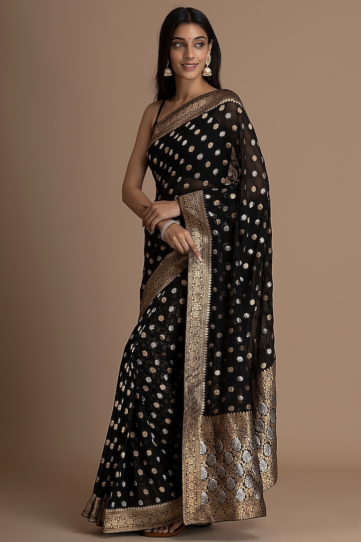 Black Khadi Georgette Banarasi Woven Festive Saree Set by Albis Jaipur at Pernia's Pop Up Shop