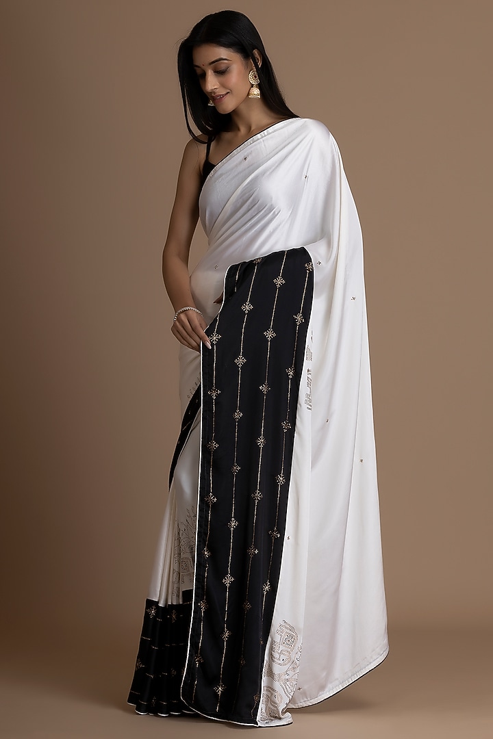 Off-White & Black Pure Satin Festive Saree Set by Albis Jaipur at Pernia's Pop Up Shop