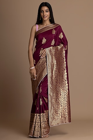 Wine Munga Silk Banarasi Woven Saree Set by Albis Jaipur