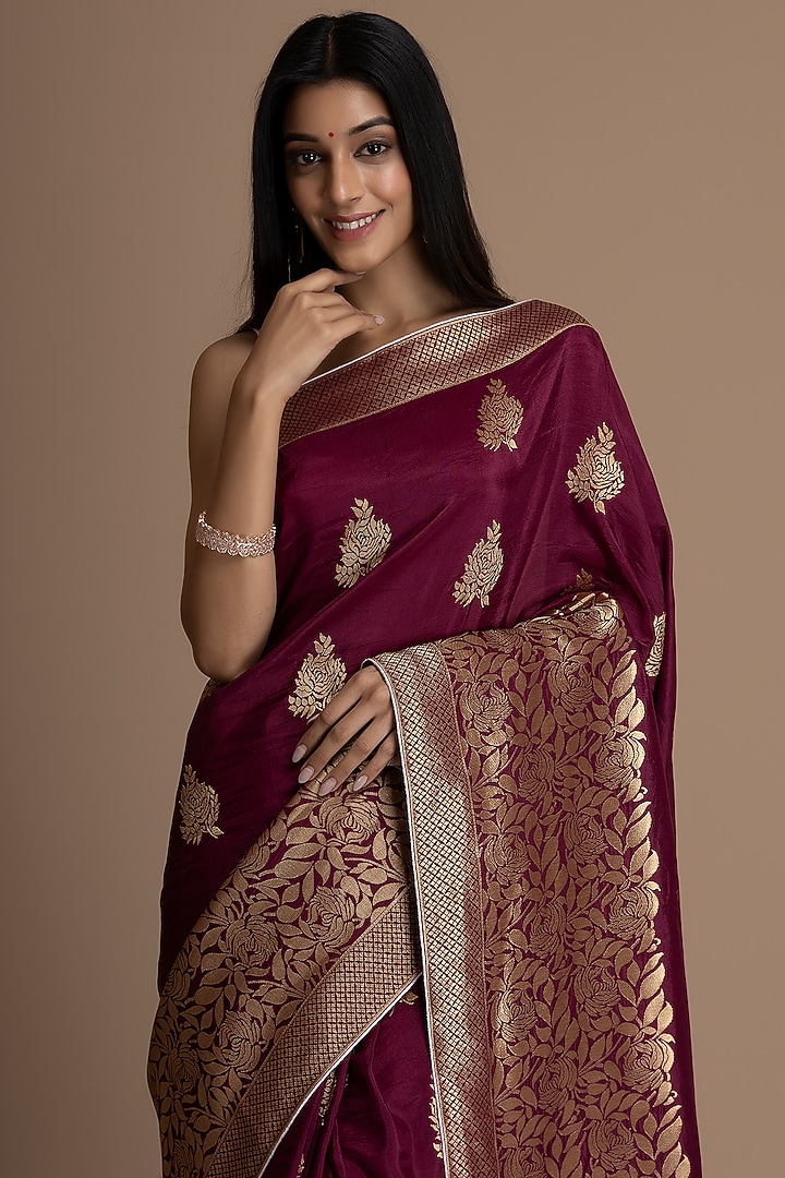 Wine Munga Silk Banarasi Woven Festive Saree Set by Albis Jaipur at Pernia's Pop Up Shop