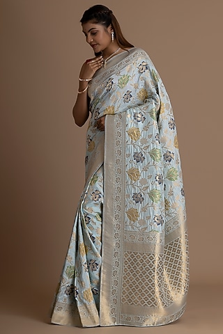 Mint Blue Munga Silk Banarasi Woven Saree Set by Albis Jaipur