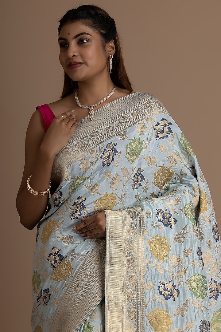Mint Blue Munga Silk Banarasi Woven Festive Saree Set by Albis Jaipur at Pernia's Pop Up Shop