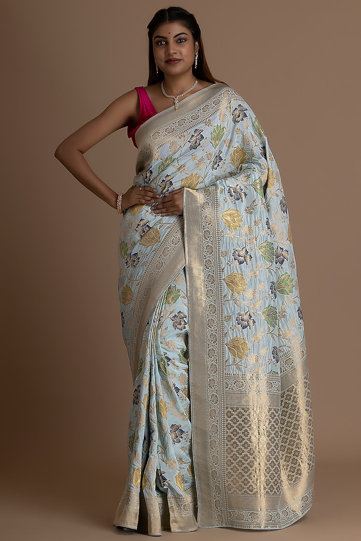 Mint Blue Munga Silk Banarasi Woven Festive Saree Set by Albis Jaipur at Pernia's Pop Up Shop