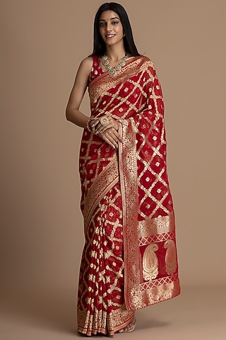 Deep Red Khadi Georgette Banarasi Saree Set by Albis Jaipur