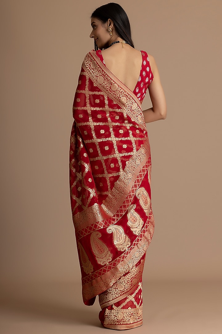 Deep Red Khadi Georgette Banarasi Festive Saree Set by Albis Jaipur at Pernia's Pop Up Shop