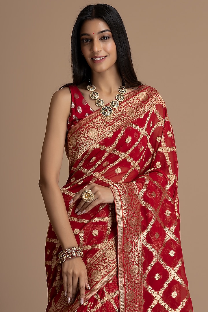 Deep Red Khadi Georgette Banarasi Festive Saree Set by Albis Jaipur at Pernia's Pop Up Shop