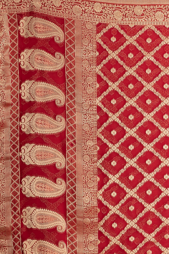 Deep Red Khadi Georgette Banarasi Festive Saree Set by Albis Jaipur at Pernia's Pop Up Shop