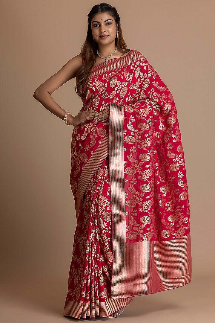 Magenta Pink Khadi Georgette Banarasi Festive Saree Set by Albis Jaipur at Pernia's Pop Up Shop