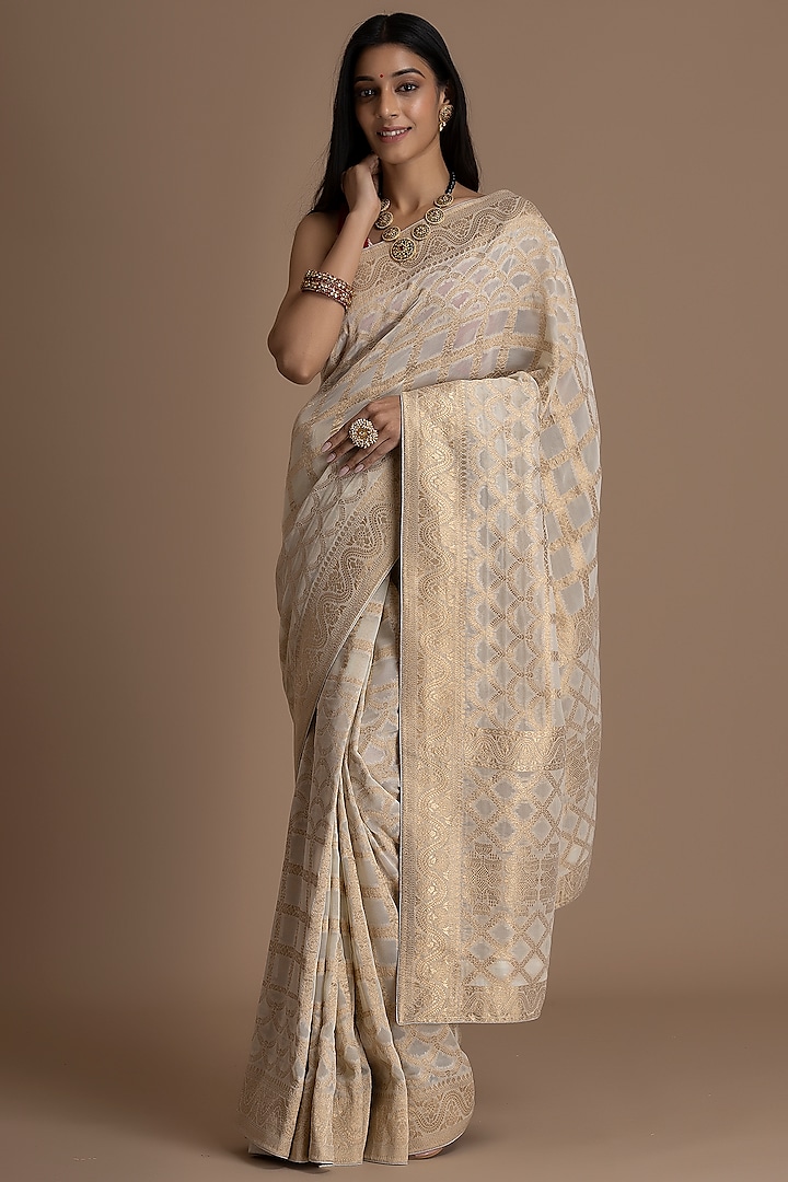 Cream Khadi Georgette Banarasi Saree Set by Albis Jaipur
