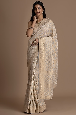 Cream Khadi Georgette Banarasi Saree Set by Albis Jaipur