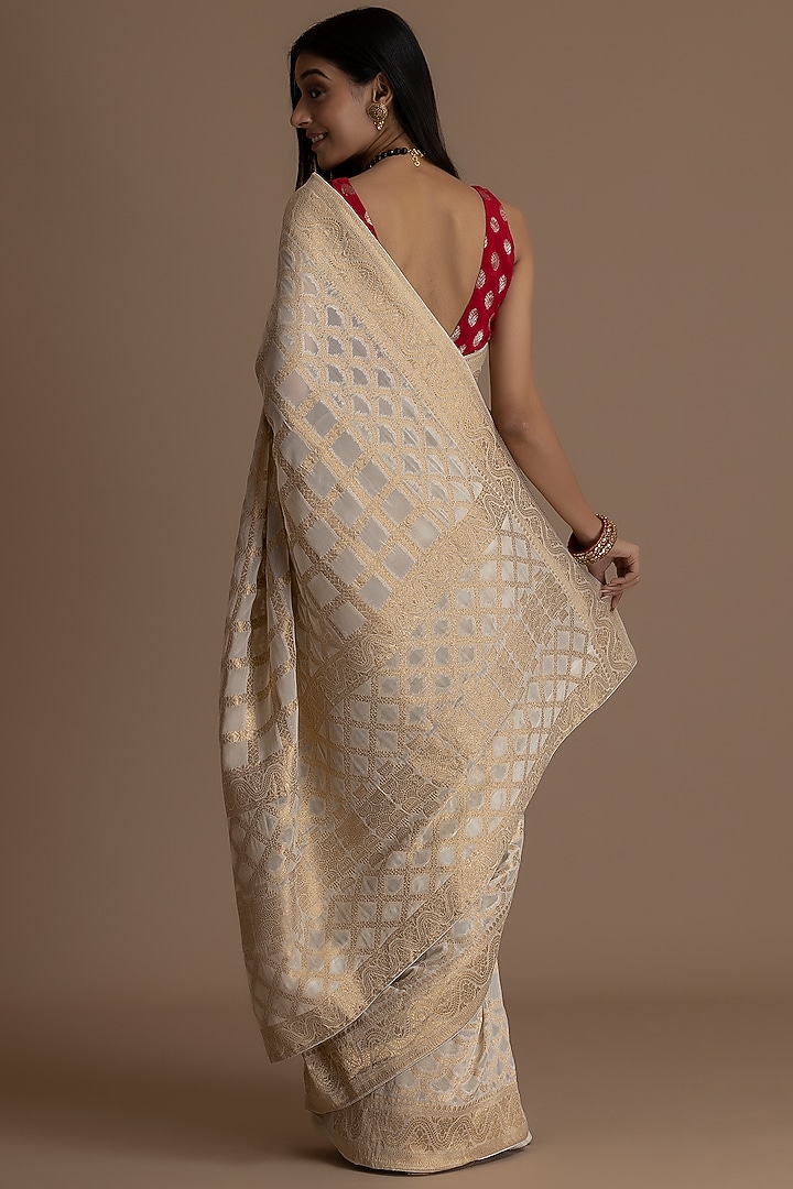 Cream Khadi Georgette Banarasi Festive Saree Set by Albis Jaipur at Pernia's Pop Up Shop