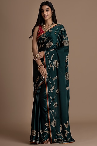 Green Pure Satin Saree Set by Albis Jaipur