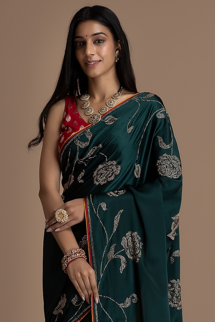 Green Pure Satin Festive Saree Set by Albis Jaipur at Pernia's Pop Up Shop