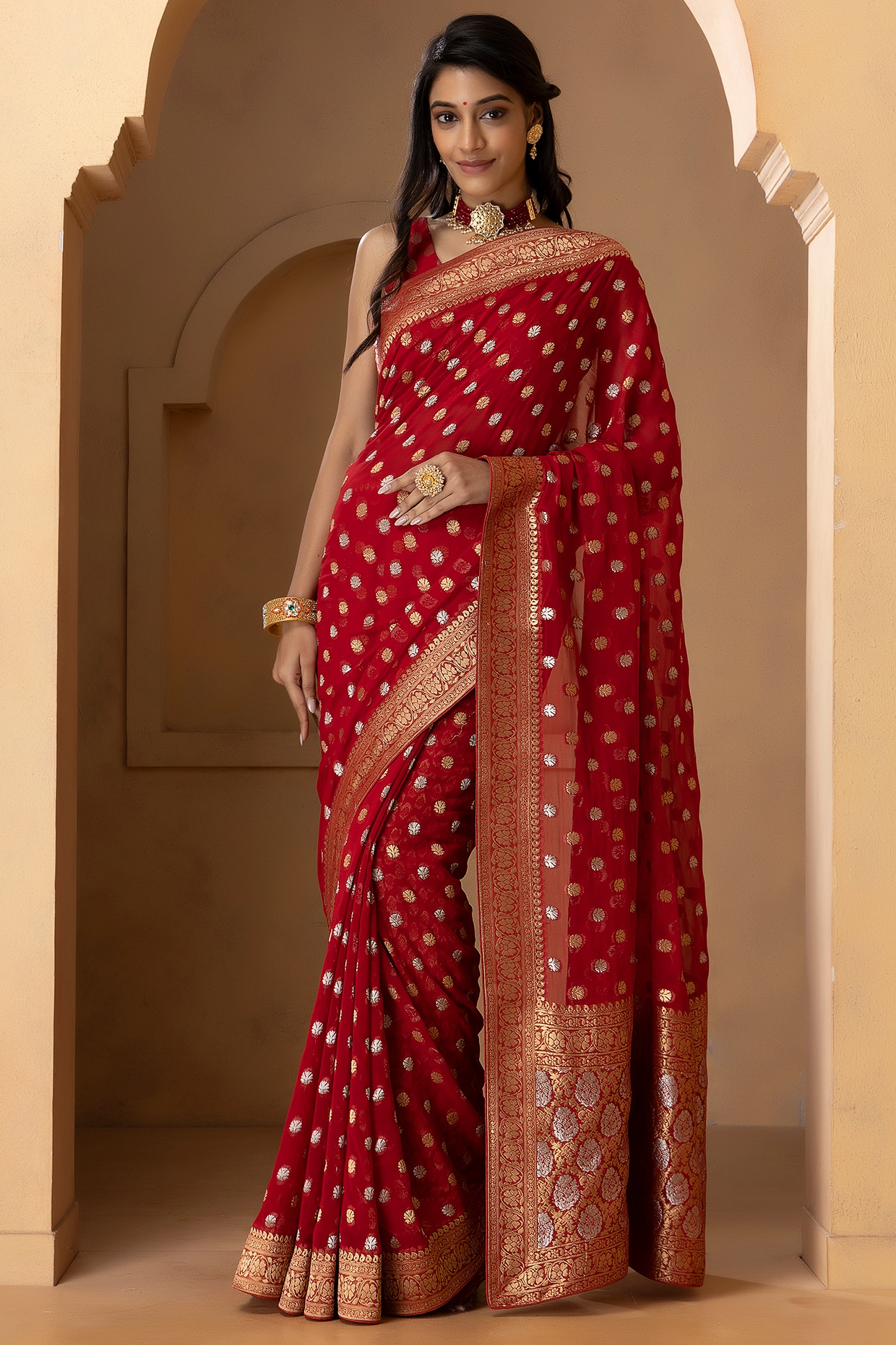 Red Bandhani Pure Georgette Banarasi Saree | Chiffon Sarees – ViBha