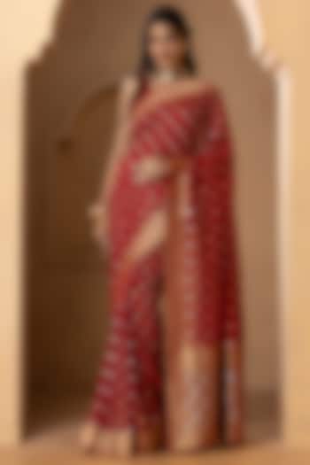 Deep Red Khadi Georgette Banarasi Saree Set by Albis Jaipur