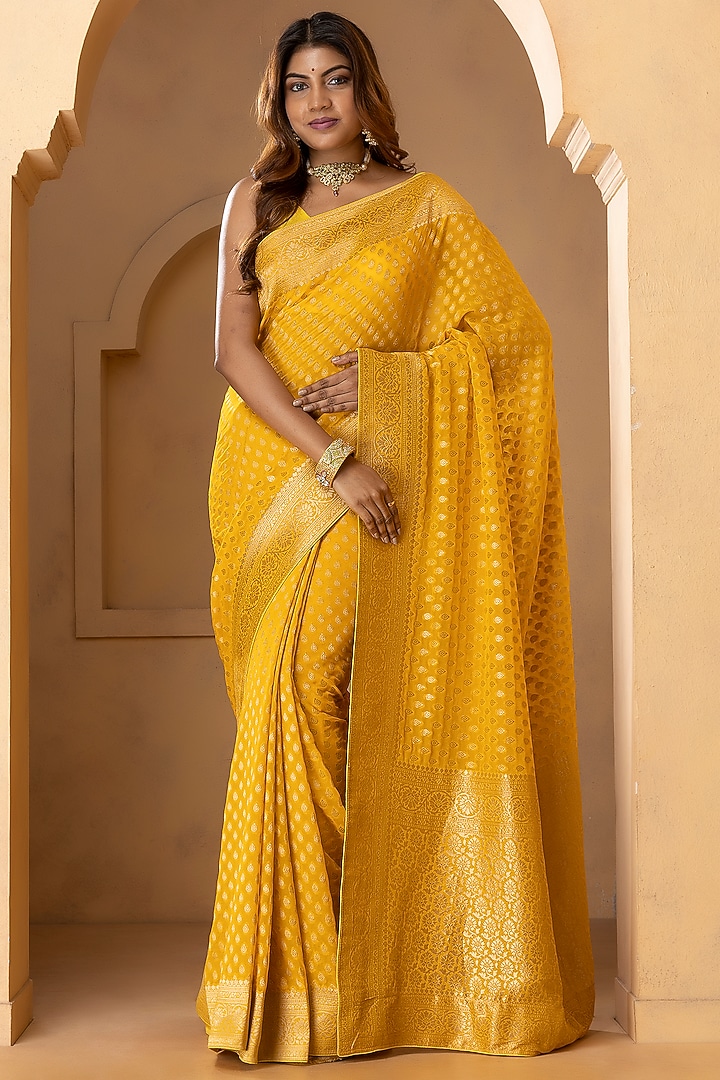 Mustard Yellow Khadi Georgette Banarasi Festive Saree Set by Albis Jaipur at Pernia's Pop Up Shop