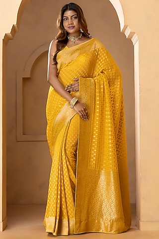 Mustard Yellow Khadi Georgette Banarasi Saree Set by Albis Jaipur