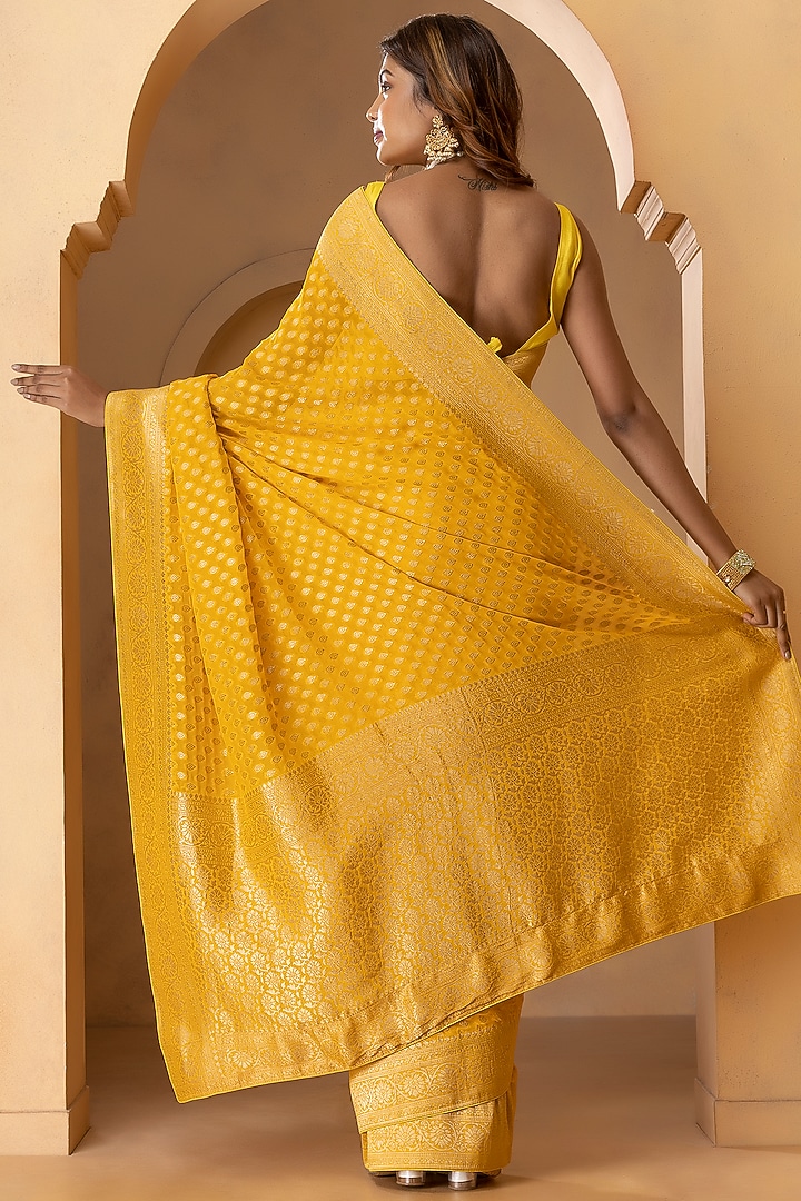 Mustard Yellow Khadi Georgette Banarasi Festive Saree Set by Albis Jaipur at Pernia's Pop Up Shop