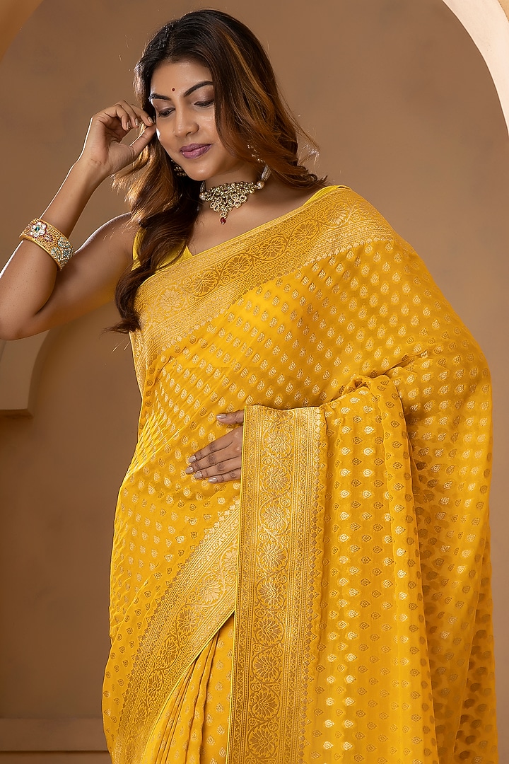 Mustard Yellow Khadi Georgette Banarasi Festive Saree Set by Albis Jaipur at Pernia's Pop Up Shop