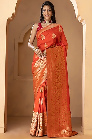 Rust Orange Munga Silk Banarasi Saree Set by Albis Jaipur
