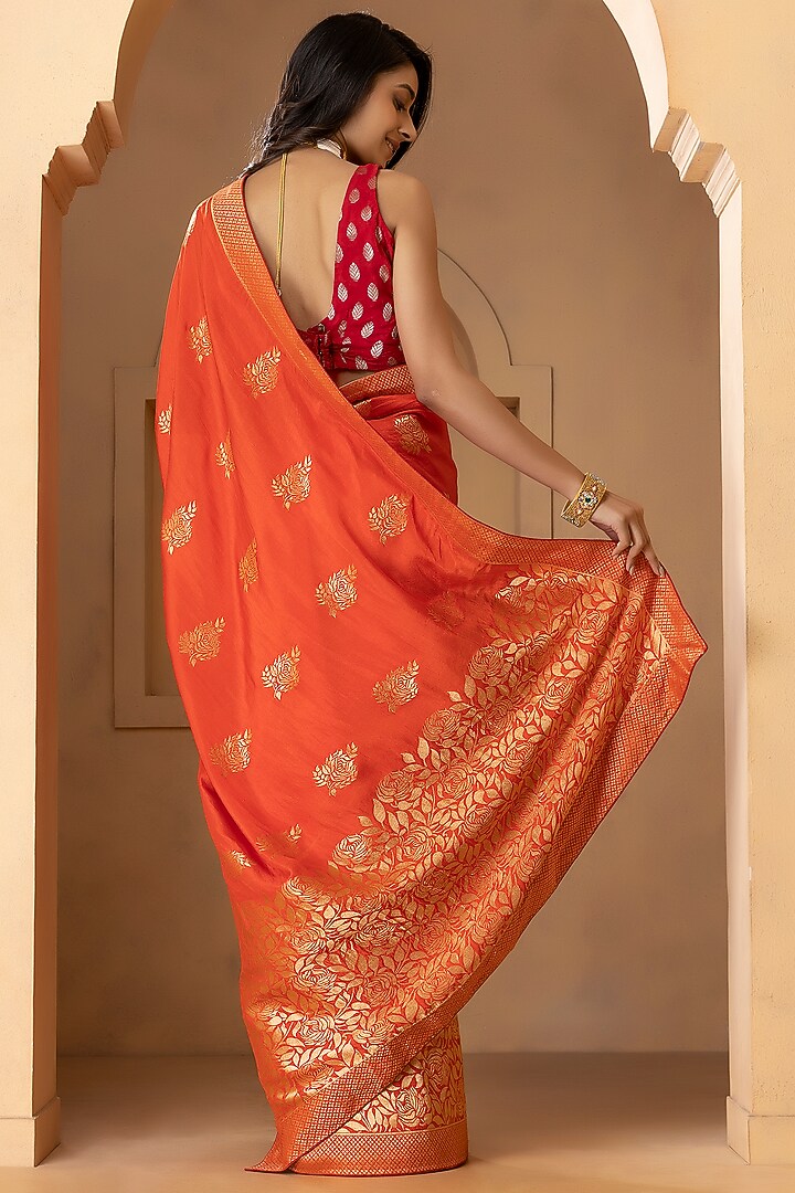 Rust Orange Munga Silk Banarasi Festive Saree Set by Albis Jaipur at Pernia's Pop Up Shop