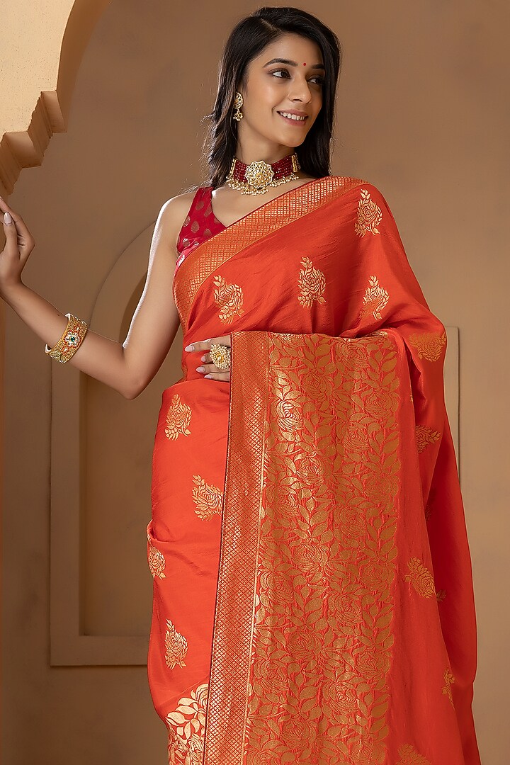 Rust Orange Munga Silk Banarasi Festive Saree Set by Albis Jaipur at Pernia's Pop Up Shop