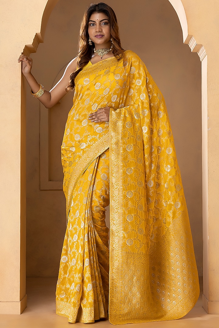 Mustard Yellow Khadi Georgette Banarasi Festive Saree Set by Albis Jaipur at Pernia's Pop Up Shop