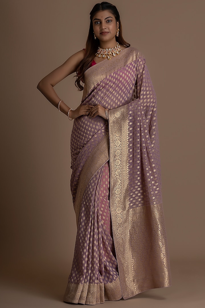 Lavender  Khadi Georgette Banarasi Saree Set by Albis Jaipur