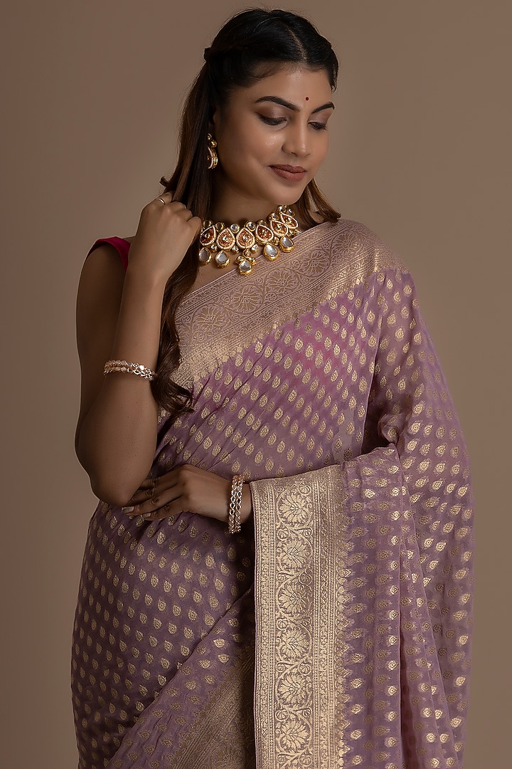 Lavender  Khadi Georgette Banarasi Festive Saree Set by Albis Jaipur at Pernia's Pop Up Shop