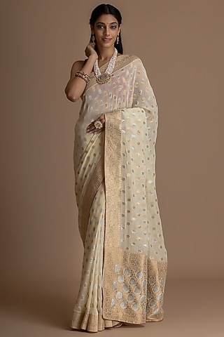 Off-White Khadi Georgette Banarasi Saree Set by Albis Jaipur