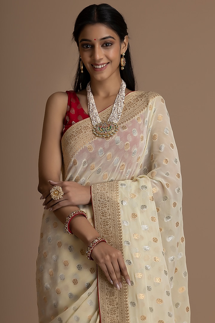 Off-White Khadi Georgette Banarasi Festive Saree Set by Albis Jaipur at Pernia's Pop Up Shop