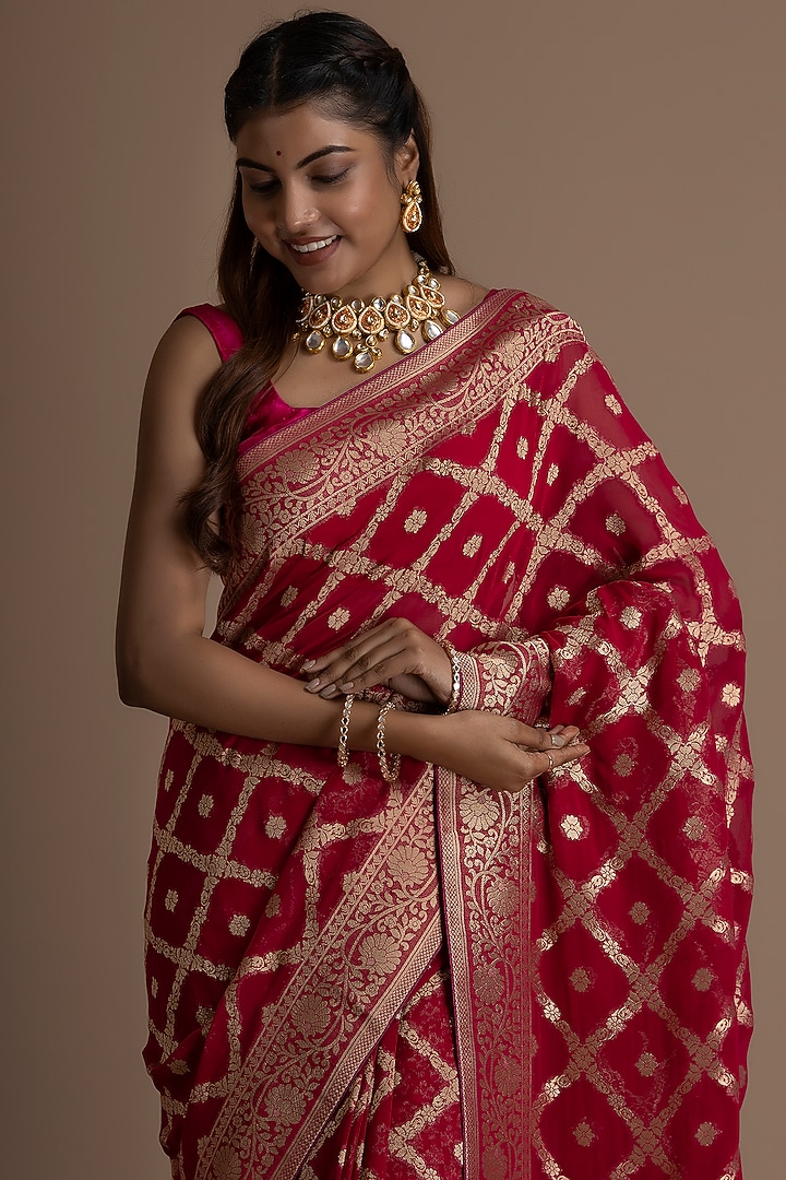 Deep Magenta Khadi Georgette Banarasi Festive Saree Set by Albis Jaipur at Pernia's Pop Up Shop
