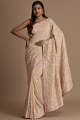 Cream Georgette Banarasi Saree Set by Albis Jaipur