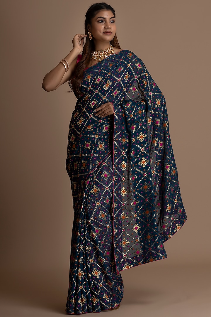 Teal Blue Pure Khadi Georgette Banarasi Saree Set by Albis Jaipur