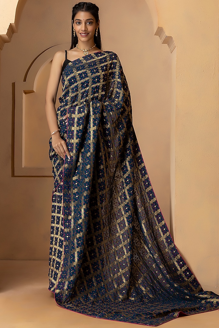 Teal Blue Pure Khadi Georgette Banarasi Saree Set by Albis Jaipur