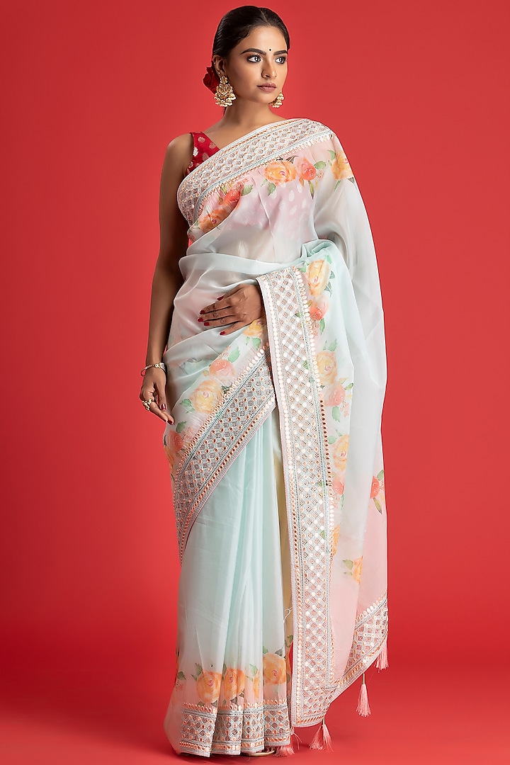 Pastel Sky Blue Organza Digital Floral Printed Saree Set by Albis Jaipur