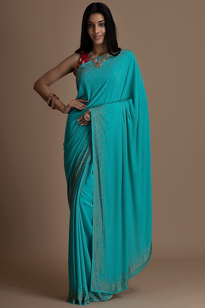 Deep Sky Blue Dola Silk Embroidered Saree Set by Albis Jaipur