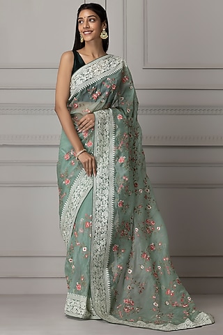 Aqua Blue Tissue Organza Embroidered Saree Set by Albis Jaipur
