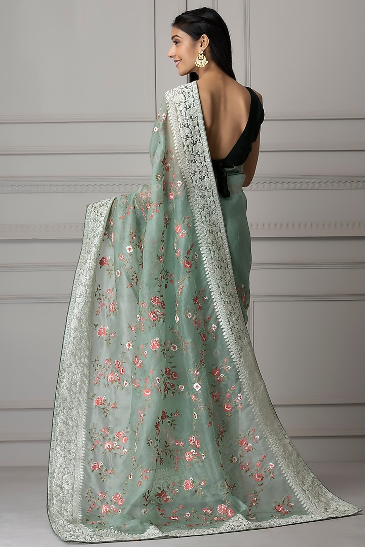 Aqua Blue Tissue Organza Embroidered Party Wear Saree Set by Albis Jaipur at Pernia's Pop Up Shop