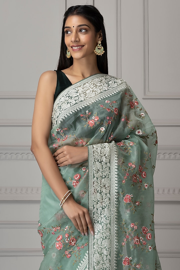 Aqua Blue Tissue Organza Embroidered Party Wear Saree Set by Albis Jaipur at Pernia's Pop Up Shop