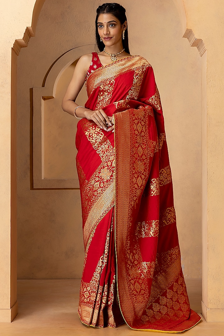 Deep Red Munga Silk Embroidered Saree Set by Albis Jaipur