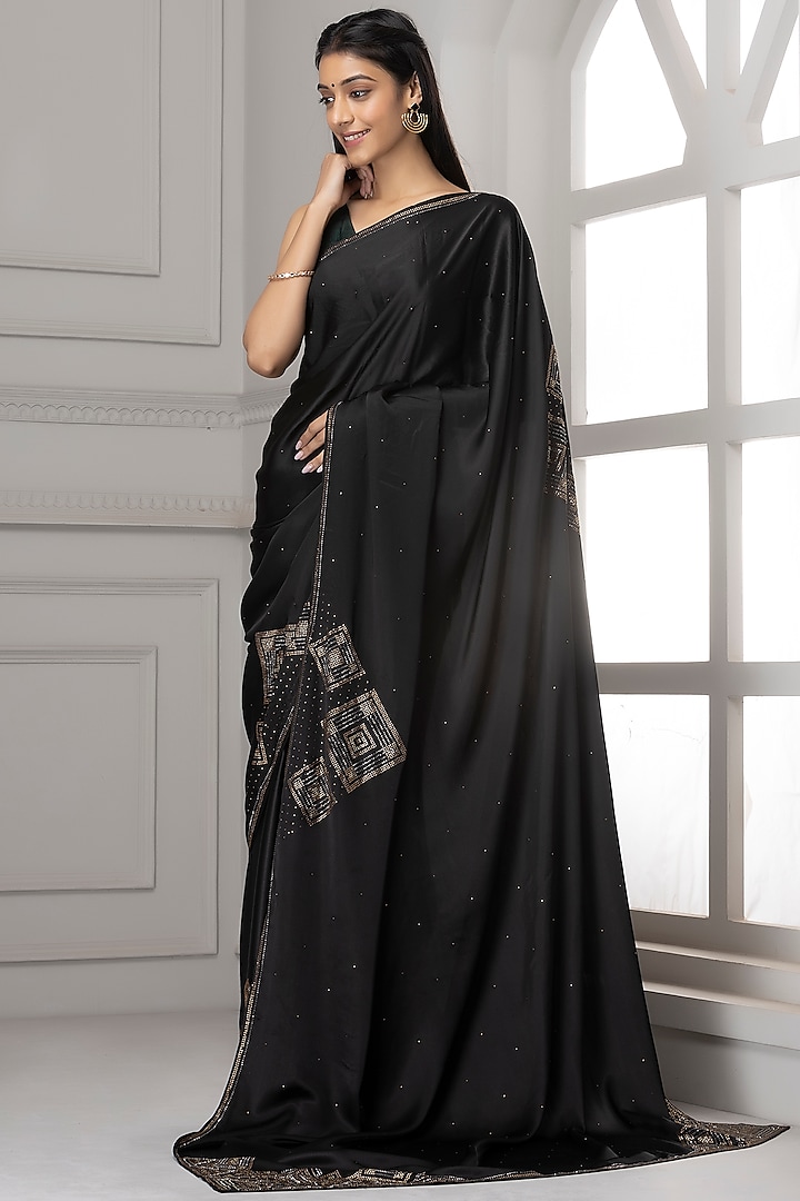 Black Satin Embroidered Saree Set by Albis Jaipur