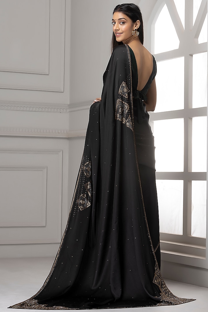 Black Satin Embroidered Party Wear Saree Set by Albis Jaipur at Pernia's Pop Up Shop