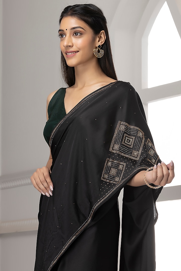 Black Satin Embroidered Party Wear Saree Set by Albis Jaipur at Pernia's Pop Up Shop
